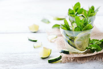 Cucumber lime mint fresh infused water detox drink cocktail lemonade