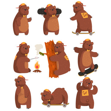 Funny teen bear in various situations. Cartoon forest animal character. Brown grizzly in orange cap and bow tie. Flat vector design for sticker or postcard