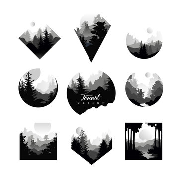 Set of monochrome geometric logos with wild coniferous forests. Natural landscapes with silhouettes of pine or fir trees. Eco or tourist concept. Flat vector design