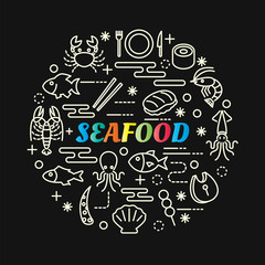 seafood colorful gradient with line icons set