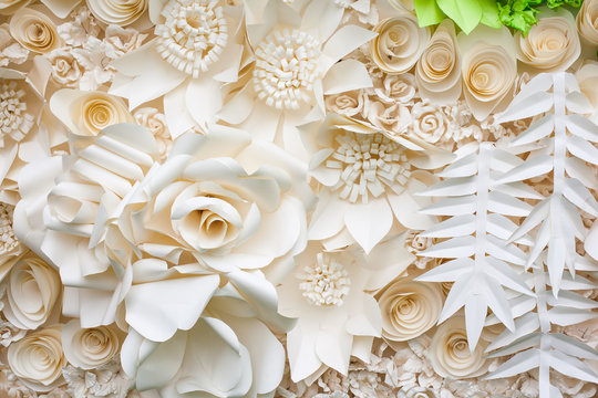 White paper flower wall, floral background, bridal bouquet