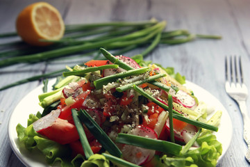 Spring vegetables salad on the white plate. Radish, tomato, celery and cucumber. Topped with sesame seeds. Vegetarian dish on the white wooden table. Close up.