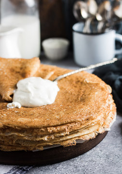 Pancakes crepes with sour cream russian traditional pancake week carnival