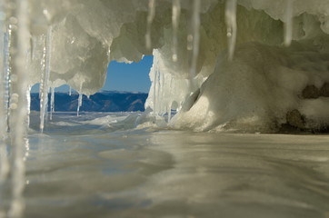 Russia. Eastern Siberia, lake Baikal. Ice caves of Olkhon island from the Small sea.