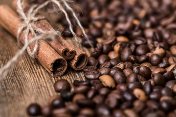 fried coffee beans. coffee beans, on a wooden background