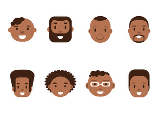 Set of African American male avatars, flat style