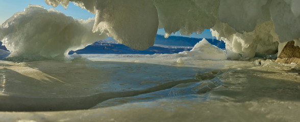 Russia. Eastern Siberia, lake Baikal. Ice caves of Olkhon island from the Small sea.