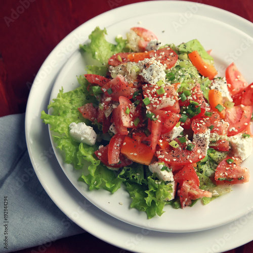 Colorful Salad With Vegetables And Cottage Cheese Top View