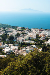 Scenic view of the dramatic mountain coastline of the Mediterranean island of Capri, Italy