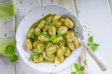 Pesto gnocchi, garlic and fresh herbs olive oil