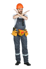 A construction man shows a stop sign. isolated on white background