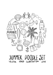Obraz premium Summer doodle illustration circle form wallpaper background line sketch style set eps10