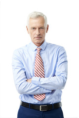 Professional man portrait. A happy senior financial businessman standing at isolated white background.