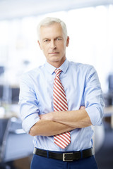 Confident professional businessman portrait. An executive male sales manager standing at the office and looking at camera.