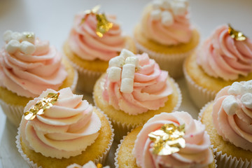 candy bar decorated by delicious sweet buffet with cupcakes and other desserts/candies,happy birthday concept