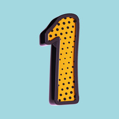 Number 1. Pop Art Font. 3d Font with Halftone Pattern. Retro Comic Book Concept. 3d Illustration isolated on blue Background.