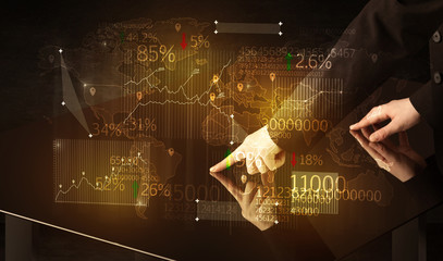 Hands navigate on high tech smart table with business icons