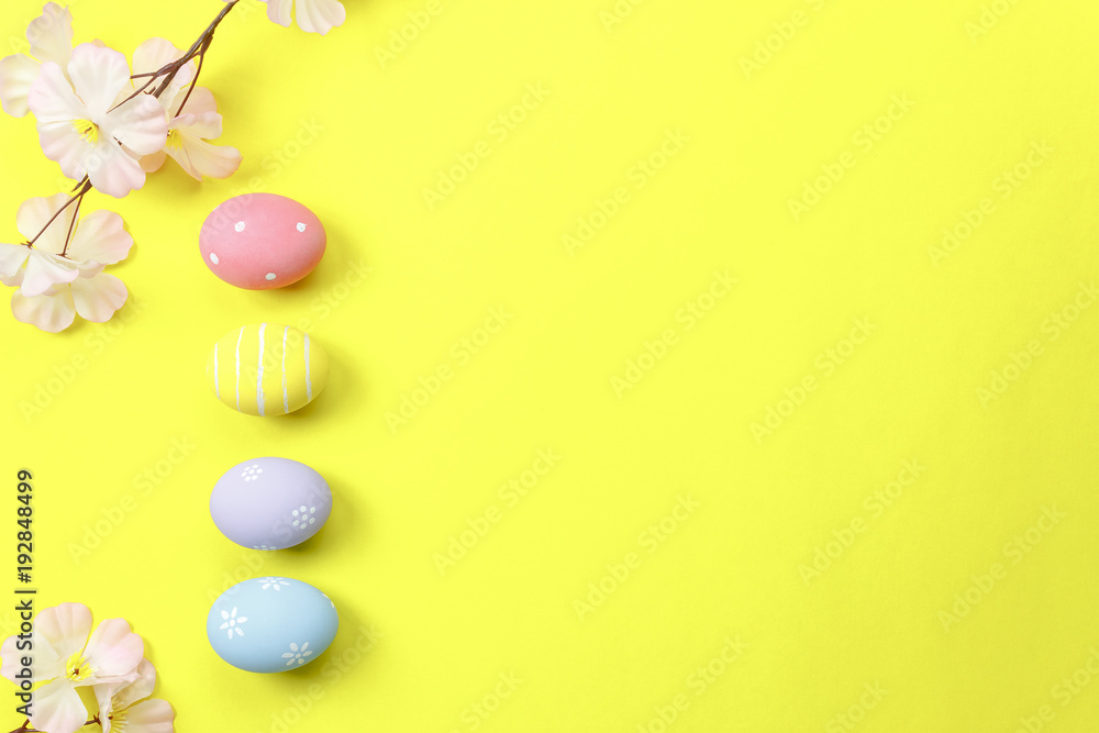 Wall mural table top view shot of arrangement decoration happy easter holiday background concept.flat lay color