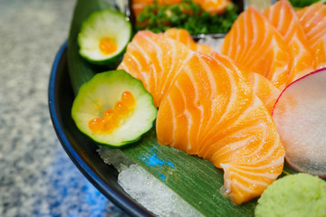 fresh salmon slice sashimi set Japanese style