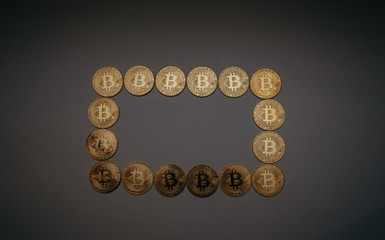 frame of bitcoins in the form of a circle, square and heart