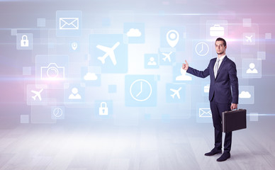 Businessman departs to a business trip with symbols