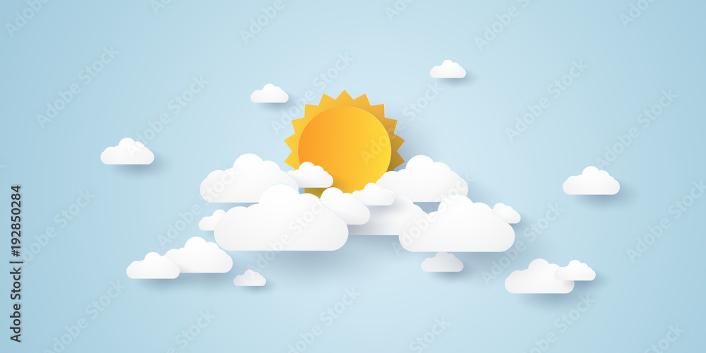 Wall mural cloudscape , blue sky with clouds and sun , paper art style
