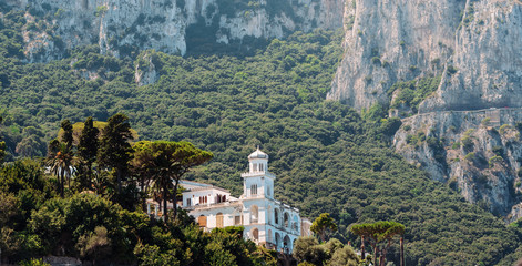 Fototapeta na wymiar Stunning landscape of luxury villa, mountain range and Mediterranean sea, Via Nastro Azzurro. Amalfi Coast