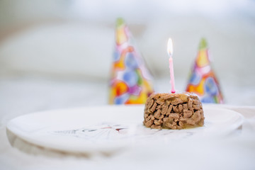 Cake from cat food on a birthday party with a cap and a candle