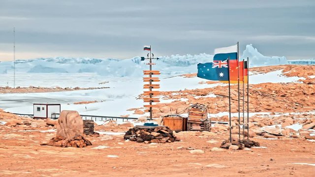 Antarctic station on background of mountains
