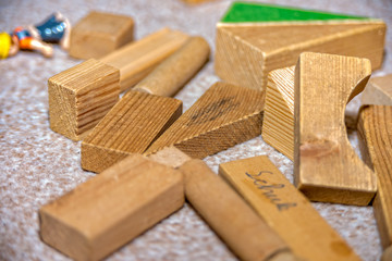 Some Froebel wooden building blocks for children