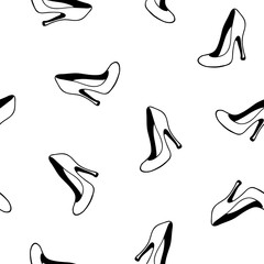 Vogue style hand drawn high heels shoes wallpaper. Glamour fashion seamless pattern. Fashion elements on white background. 