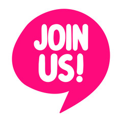 Join us! Vector hand drawn speech bubble icon, badge illustration on white background.
