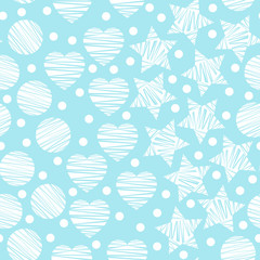 Simple seamless geometric pattern with stars, circles, hearts on mint blue background. Vector illustration for home and fashion design, nursery, bed linen, apparel, underwear, etc.
