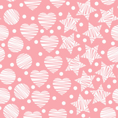 Romantic simple seamless geometric pattern with stars, circles, hearts on pale red background. Vector illustration for home and fashion design, nursery, bed linen, apparel, underwear, etc.