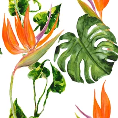 Fototapete Paradies tropische Blume Nahtloses Muster aus tropischen Blättern und Blumen