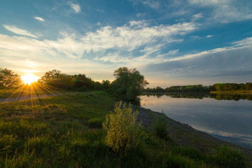 Fototapeta na wymiar kleiner See mit Wiese am Ufer und umrandet von Bäumen zur blauen Stunde