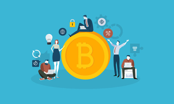 Bitcoin technology market. Flat design style web banner of blockchain technology, bitcoin, altcoins, cryptocurrency mining, finance, digital money market, cryptocoin wallet, crypto exchange. 