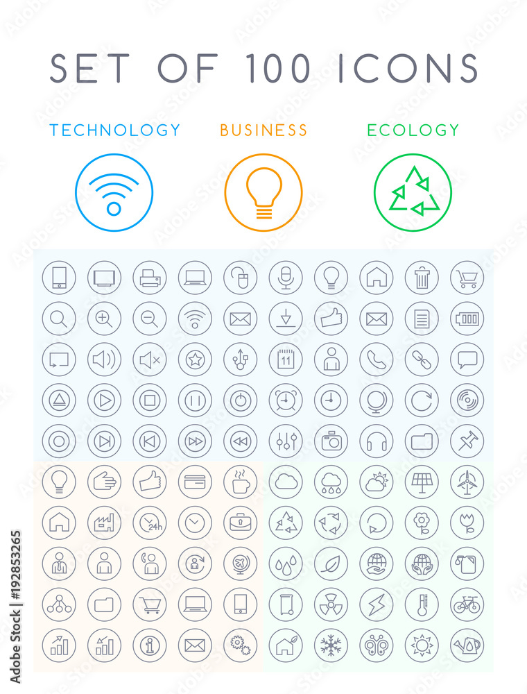 Poster set of 100 minimal black stroke icons on circular buttons ( interface multimedia business and ecolog