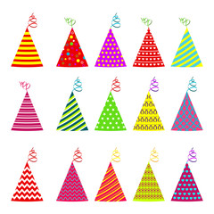 Birthday party hat flat vector icons set. Objects isolated on white background.