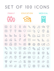 Set of 100 Universal Minimal Black Stroke Icons ( Education School Family People and Medical )
