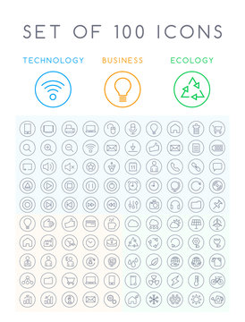 Set of 100 Minimal Black Stroke Icons on Circular Buttons ( Interface Multimedia Business and Ecology )