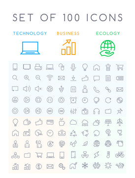 Set of 100 Minimal Modern Elegant White Stroke Icons ( Interface Multimedia Business and Ecology )