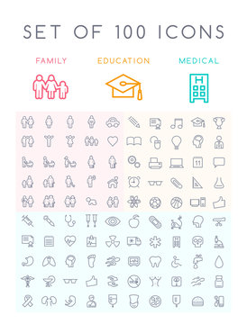 Set of 100 Universal Minimal Black Stroke Icons ( Education School Family People and Medical )