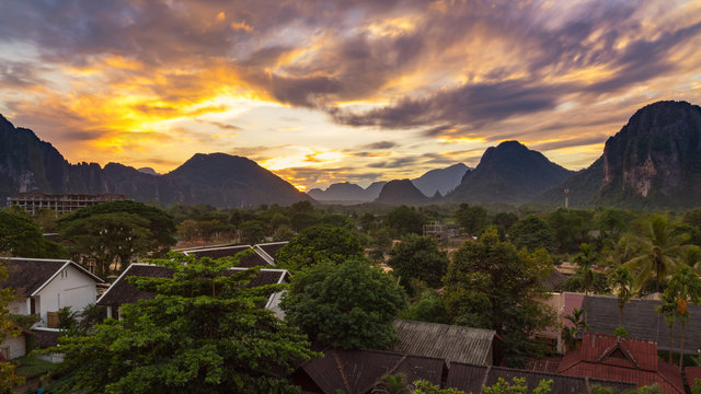 Landspace view panorama at Sunset in Vang Vieng, Laos.