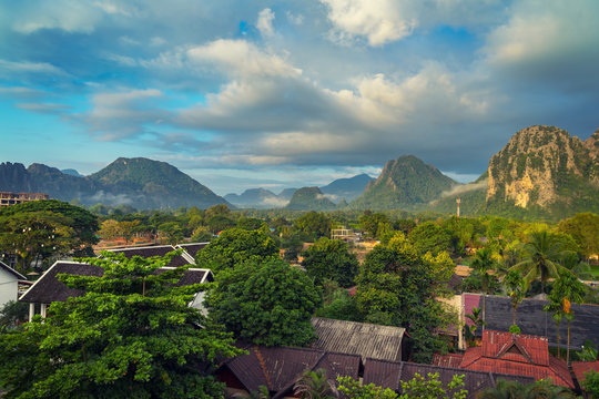Landspace view panorama at monring in Vang Vieng, Laos.