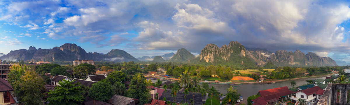 Landspace view panorama at monring in Vang Vieng, Laos.