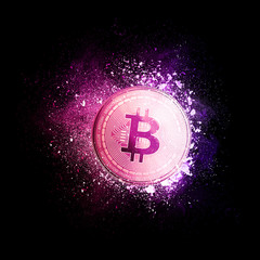 Bitcoin coin symbol flying in violet particles isolated on black background. Global cryptocurrency and ICO initial coin offering business banner concept.