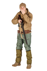 Full length portrait of a male hunter with double barreled shotgun Isolated on white background. hunting and people concept.