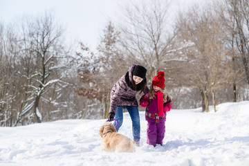 Fototapeta na wymiar Mother and daugther play with a dog in snow forest