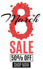 Flyer for sale on March 8. Digit 8 of rose petals on a white background. Special offer, big discounts. Women's shopping. Romantic background for your design. Vector illustration